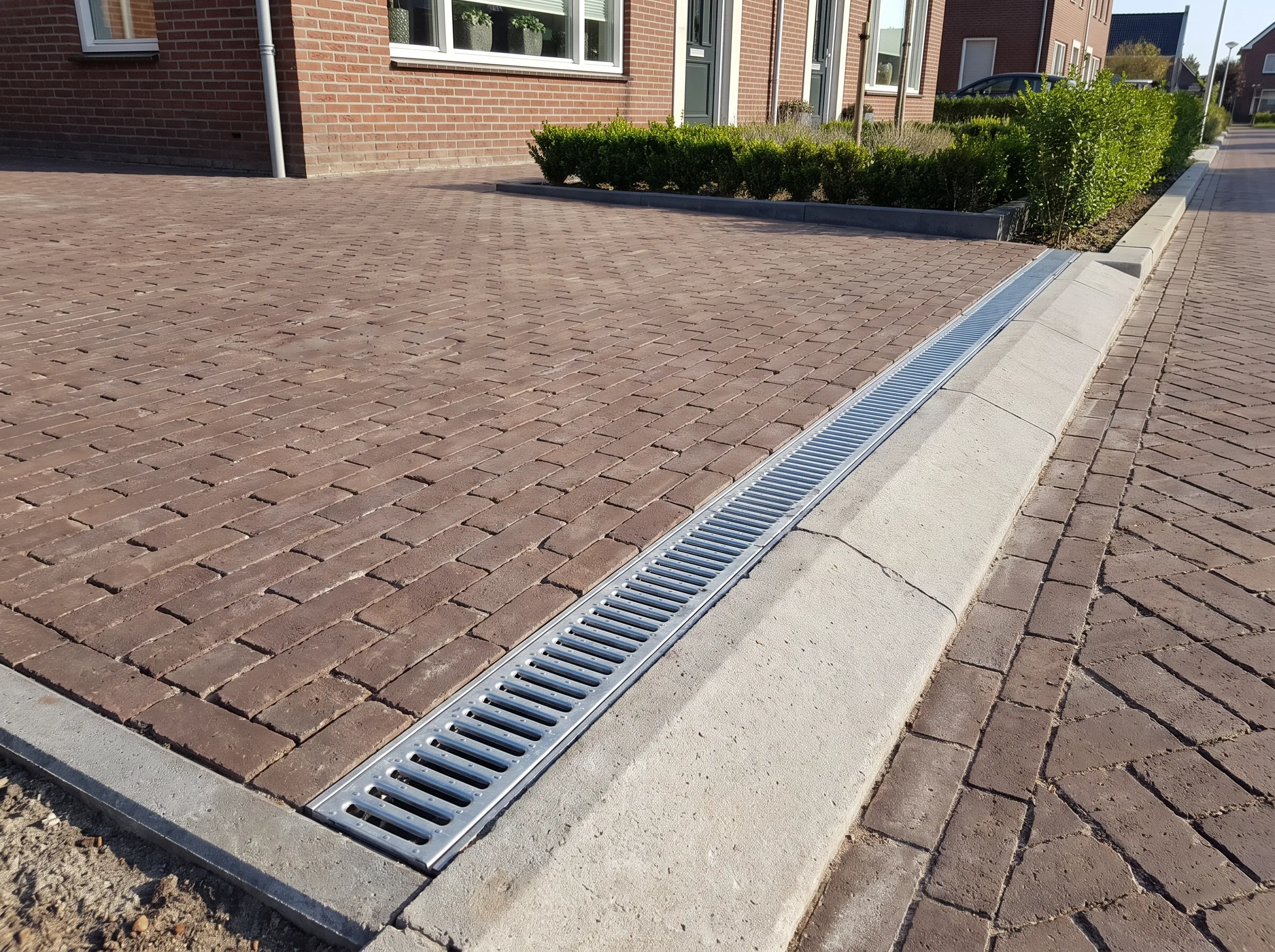 Oprit bestraten met bruine klinkers en afwateringssysteem