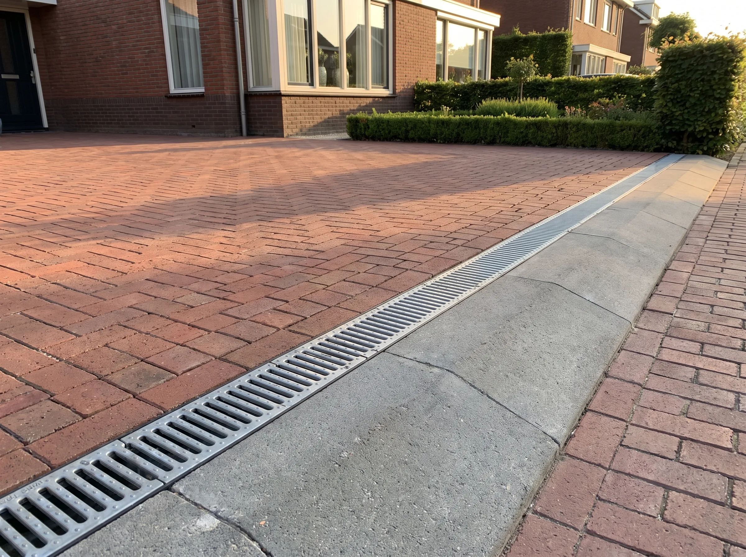 Rode klinkersteen-oprit met grijze regenwaterafvoer-systeem
