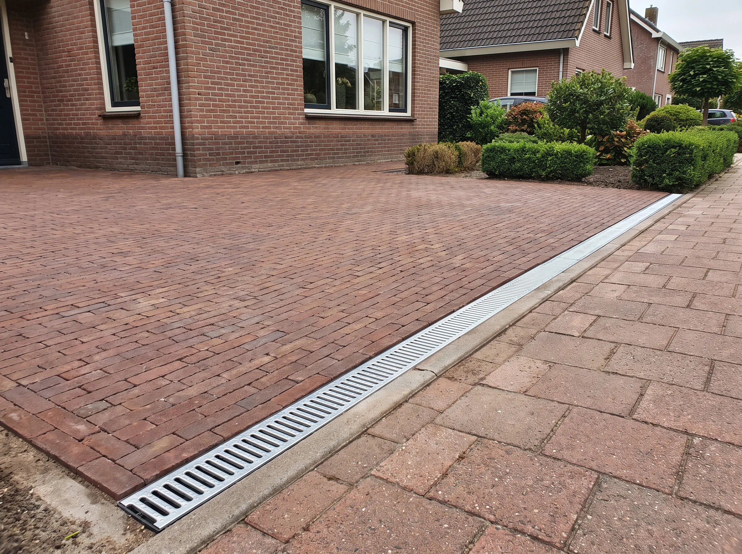 Rode klinkerbestrating oprit met geïntegreerd drainagesysteem