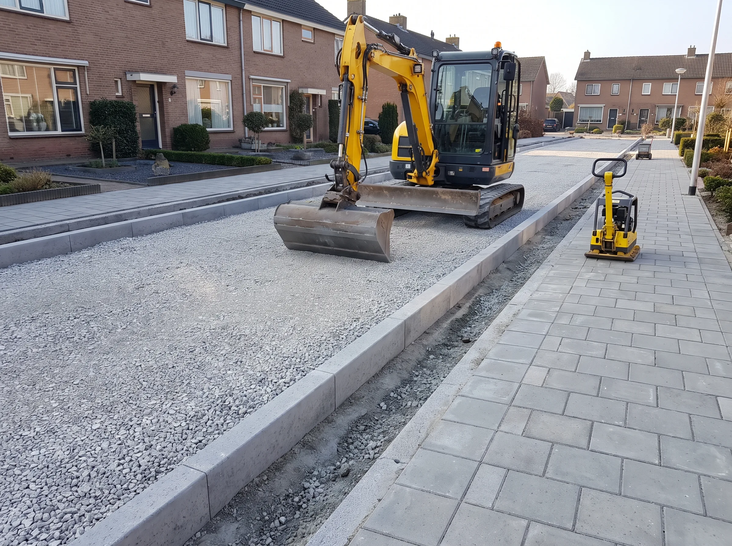 Graafmachine en compacteur bereiden grondbed voor bij bestratingswerk in woonwijk