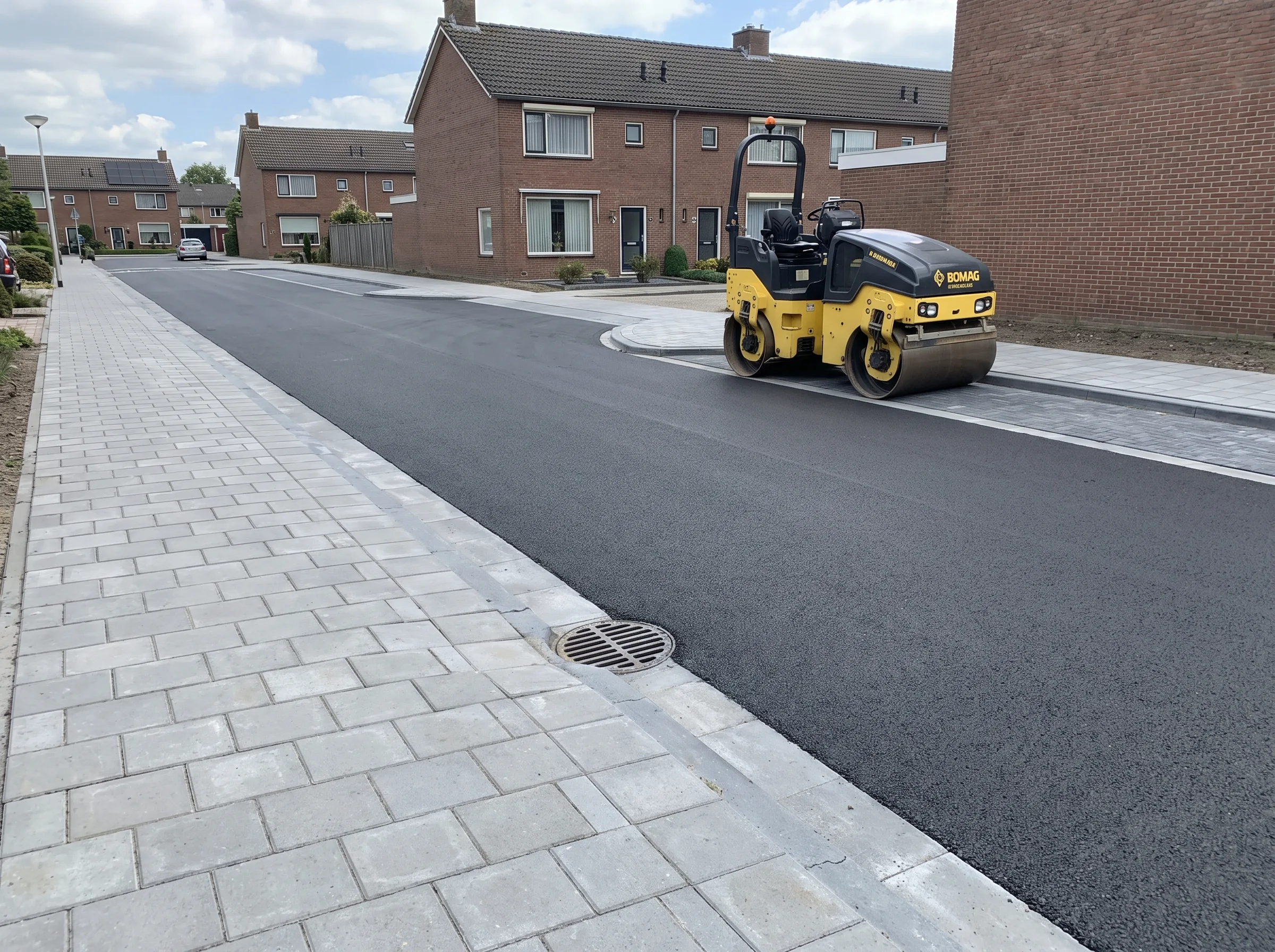 Wegenbouw: asfaltwalsen op residentiele weg met aanliggende betonnen bestrating